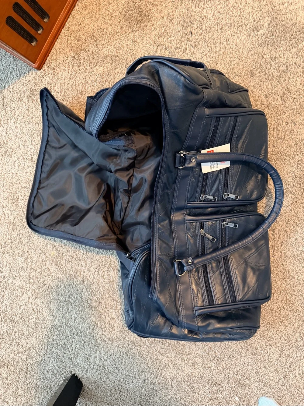 Navy Vintage Patchwork Genuine Leather Travel Carry-On Bag with Multi-Pockets
